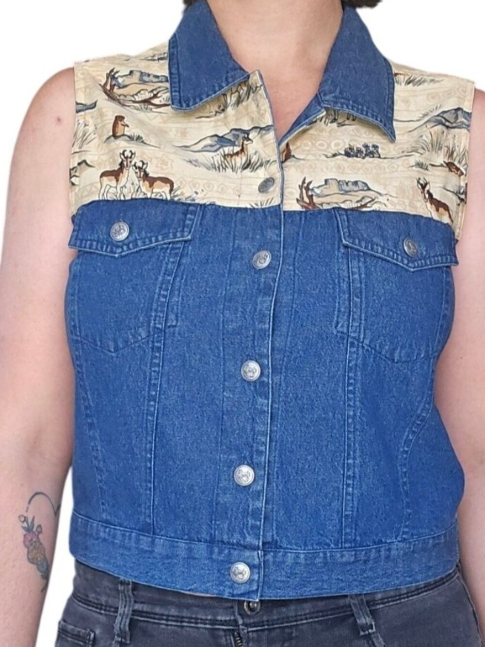 Vintage 80s Don't Mess With Texas Print Cotton Yoke Denim Vest Women's Size L